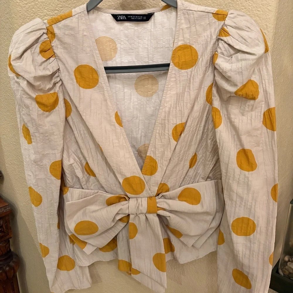 Zara Women's Cream Mustard Yellow Polka Dots Bow Puff Long Sleeve Top Size XS